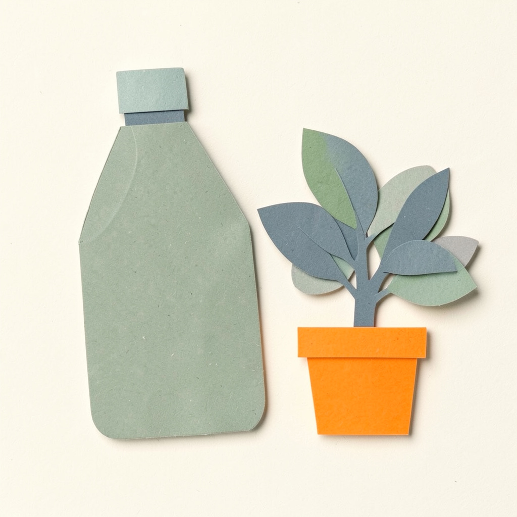 A layered paper cut-out collage of simple household objects — a reusable bottle, a cloth bag, and a potted plant — in muted sage green and slate blue tones on a cream background.