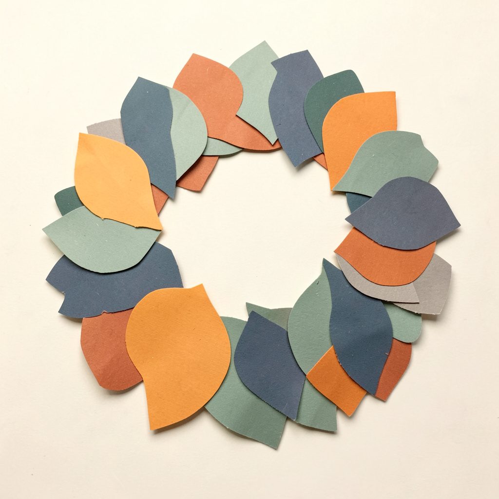 A layered paper cut-out collage of overlapping leaves in muted sage green and slate blue, with warm terracotta accents, arranged in a gentle circular composition on a cream background.