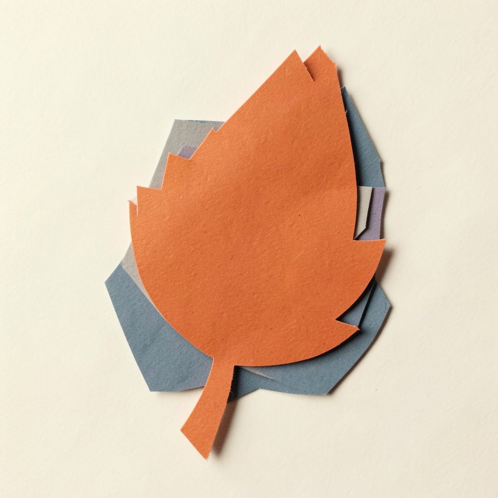 A layered paper cut-out collage of a single leaf silhouette in warm terracotta against a soft cream background, with subtle slate-blue shadow layers beneath.